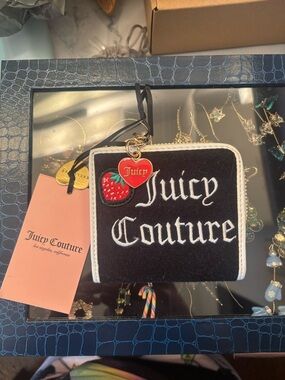 Juicy Couture Black and White Velvet Zip Wallet with Strawberry Charm